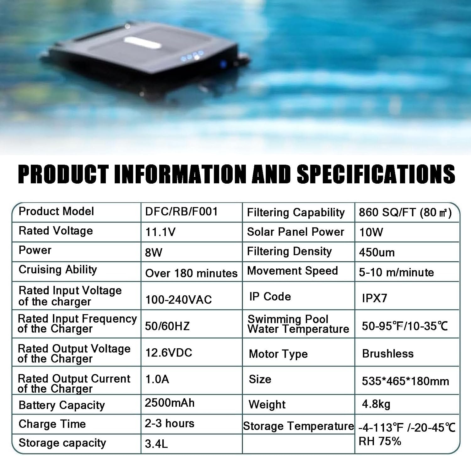 Solar Pool Skimmer, Automatic Pool Vacuum Cleaner, Dual Mode Selectable, Filtration Range 100㎡, 400μm Filtering Density,Fully-Automatic