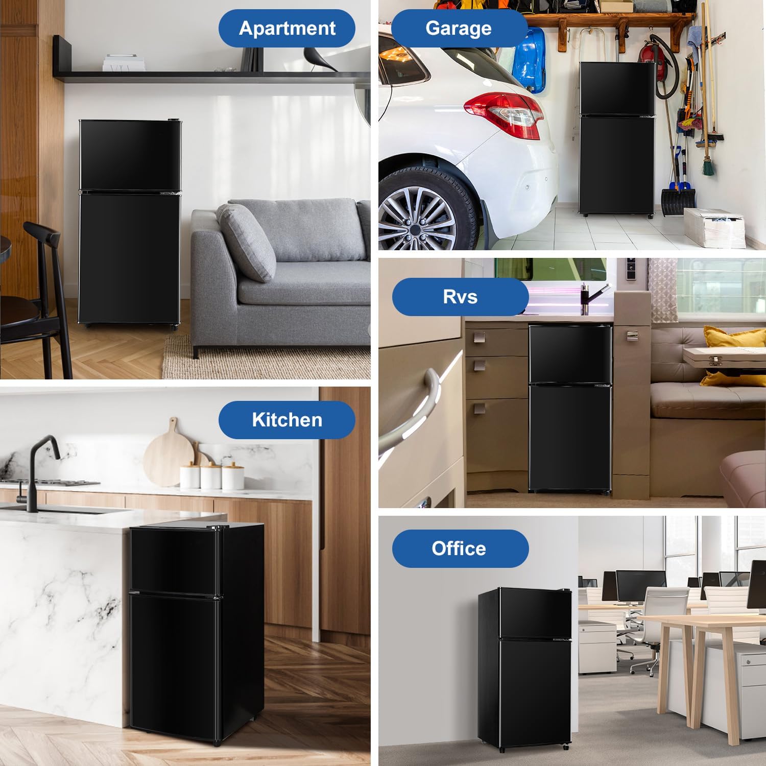 Cucina Magica Mini Fridge with Freezer, 3.2 cuft Small Refrigerator, 7 Adjustable Thermostat, Energy Saving, Low Noise, Double Door Compact Refrigerator for Dorm, Bedroom, Office - BLACK