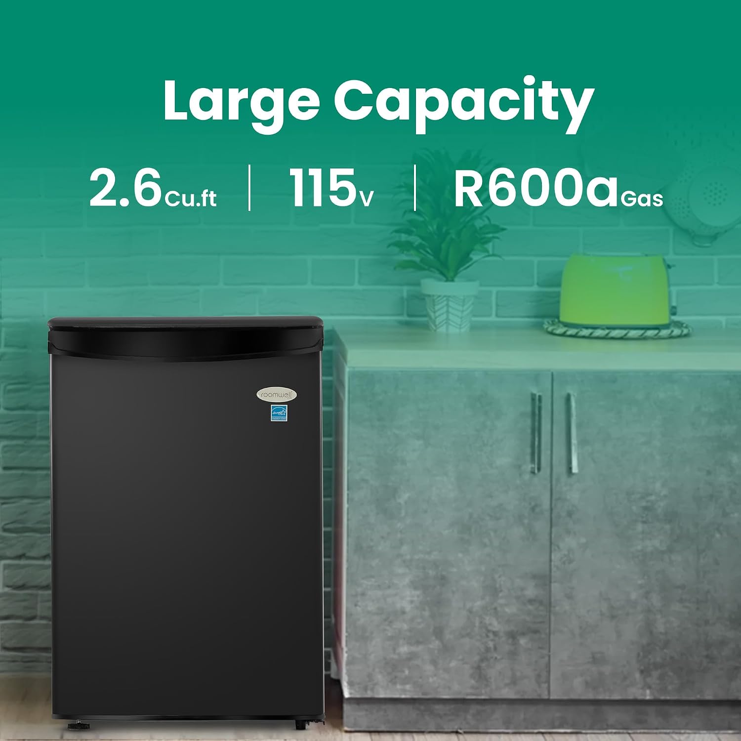 roomwell E-Star 2.6 Cu Ft Mini Fridge without Freezer - Black Mini Fridge AUTO DEFROST, Reversible Single Door, Glass Shelf Refrigerator - A Space-Saving Marvel for Your Bedroom, Dorm, and Office