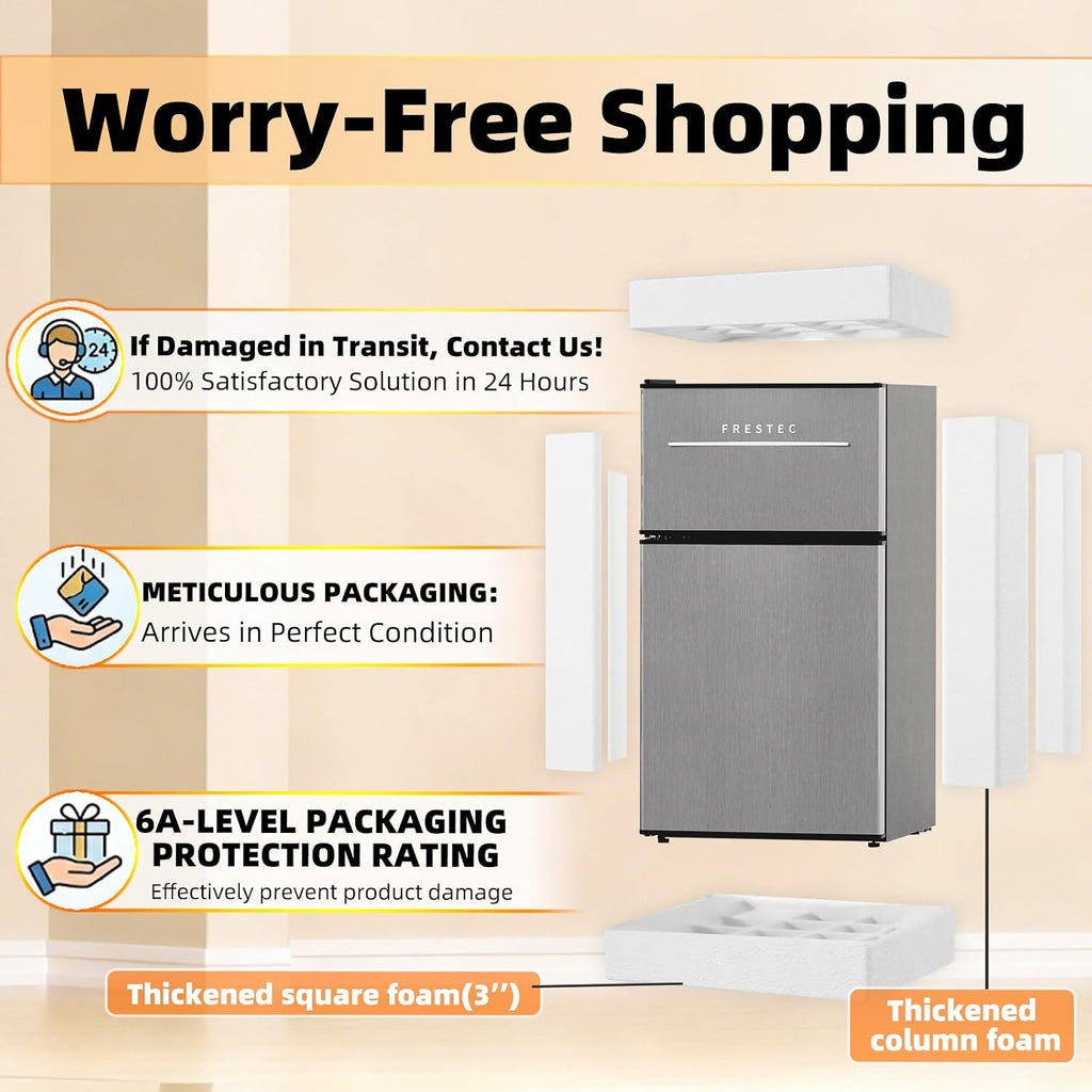 Mini Fridge with Freezer 3.2 Cu.Ft. 2 Door Refrigerator and Freezer Small Fridge for Bedroom Home Office Dorm, Small Drink Chiller, 37 dB Low Noise, Stainless Steel