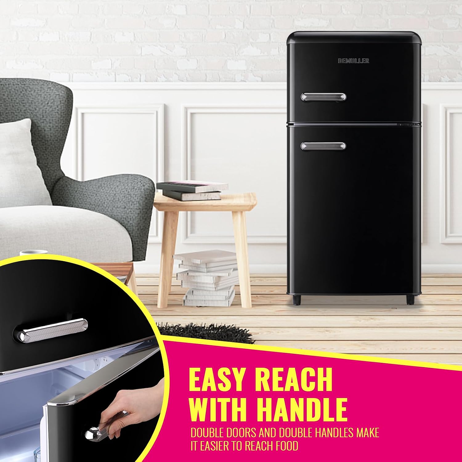DEMULLER Mini Fridge Dual Door Refrigerator with Freezer, 3.5 Cu.Ft Compact Refrigerator with Handle, Adjustable Temperature & Removable Glass Shelves, for Apartment/Dorm/Office/RV, Black