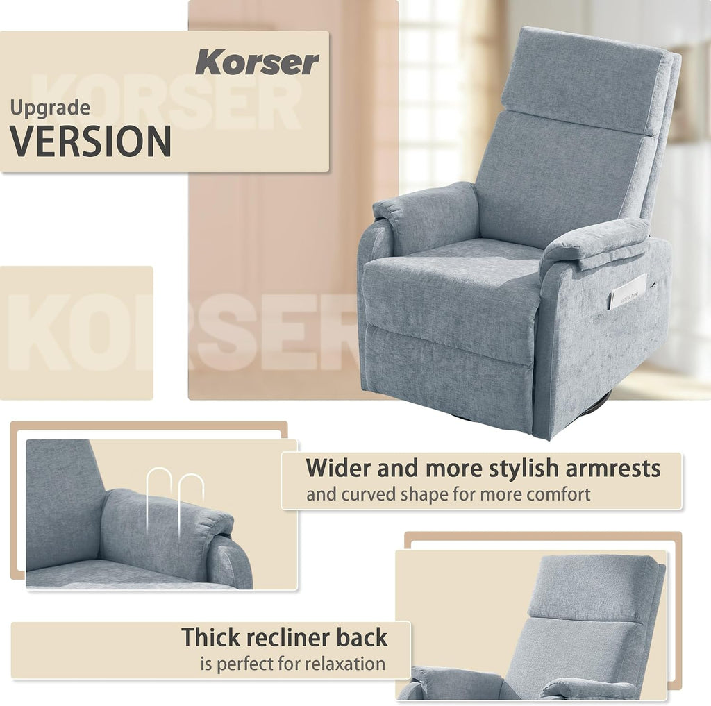 Korser Swivel Rocking Recliner with Massage, Small Glider Chair for Nursery, Modern-Designed Armrests Chair for Adults Living Room, Chenille, Blue