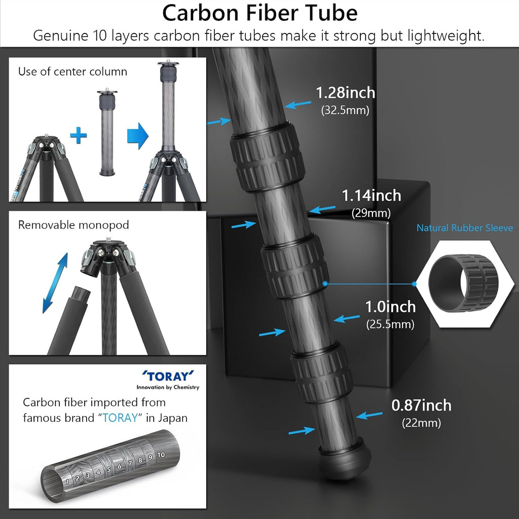 Carbon Fiber Heavy Duty Tripod WEYLLAN 81'' Professional Tripods for Camera, 10-Layer Carbon Fibre Tube, 32.5mm Leg with Low Profile Tripod Ball Head for Canon Nikon Sony, DSLR SLR Digital Camcorder