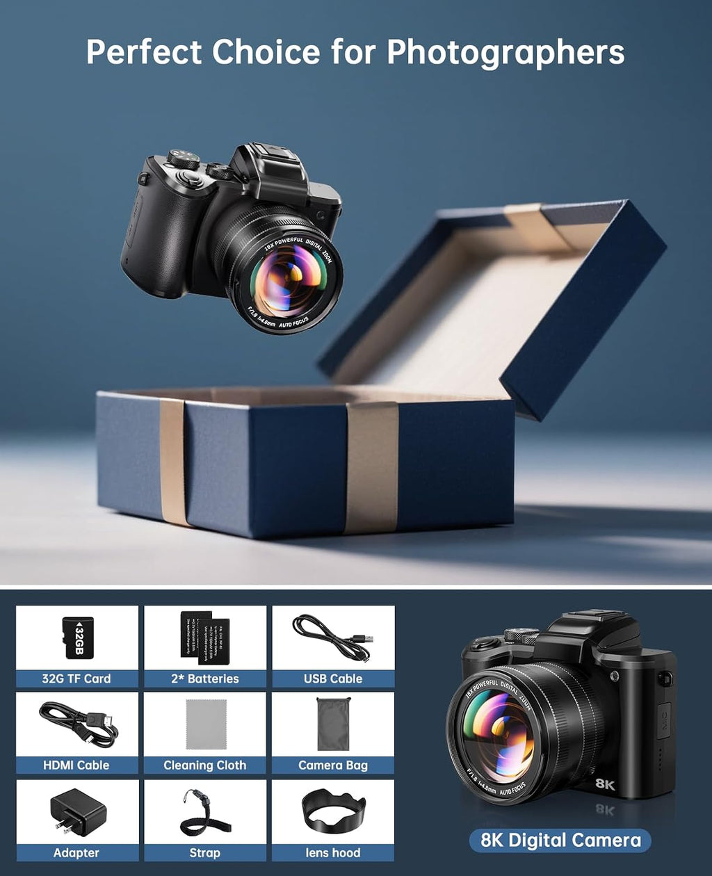 8K Digital Cameras for Photography Autofocus, 2026 Upgrade 88MP WiFi Professional 16X Zoom Photography Camera with Dual-Lens for YouTube, SD Card, Lens Hood, Touch Screen, 2 Batteries & Charging Stand