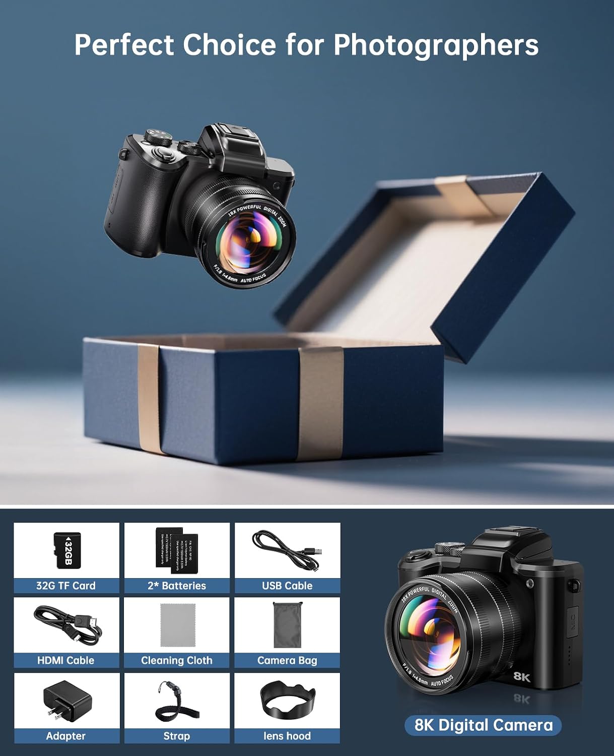 8K Digital Cameras for Photography Autofocus, 2026 Upgrade 88MP WiFi Professional 16X Zoom Photography Camera with Dual-Lens for YouTube, SD Card, Lens Hood, Touch Screen, 2 Batteries & Charging Stand