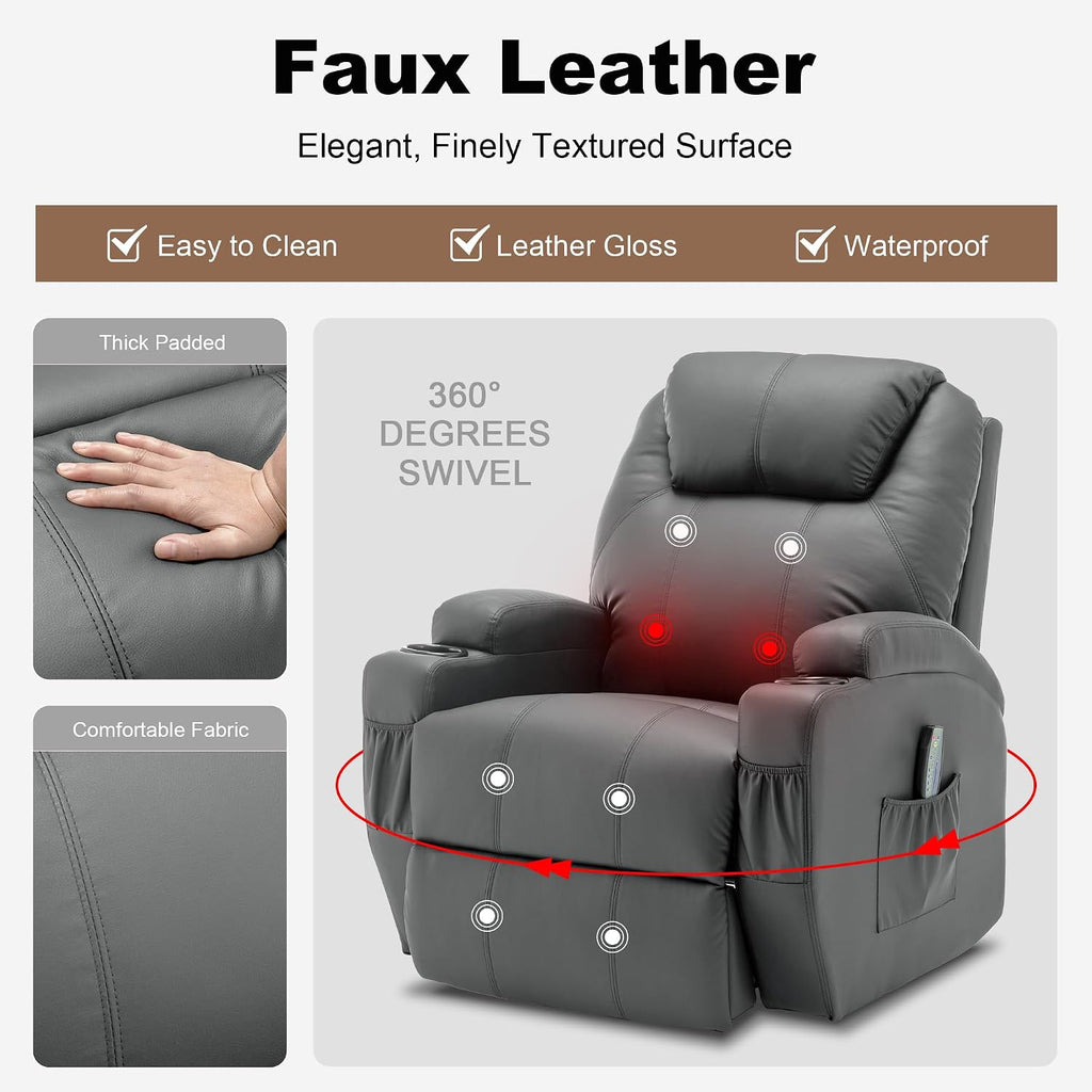 Korser Recliner Chair, Rocking Chair with Massage and Heat, 360° Swivel Recliner Chairs for Adults, Rocker Manual Recliner with Remote Control and Cup Holder for Living Room, Bedroom, Nursery