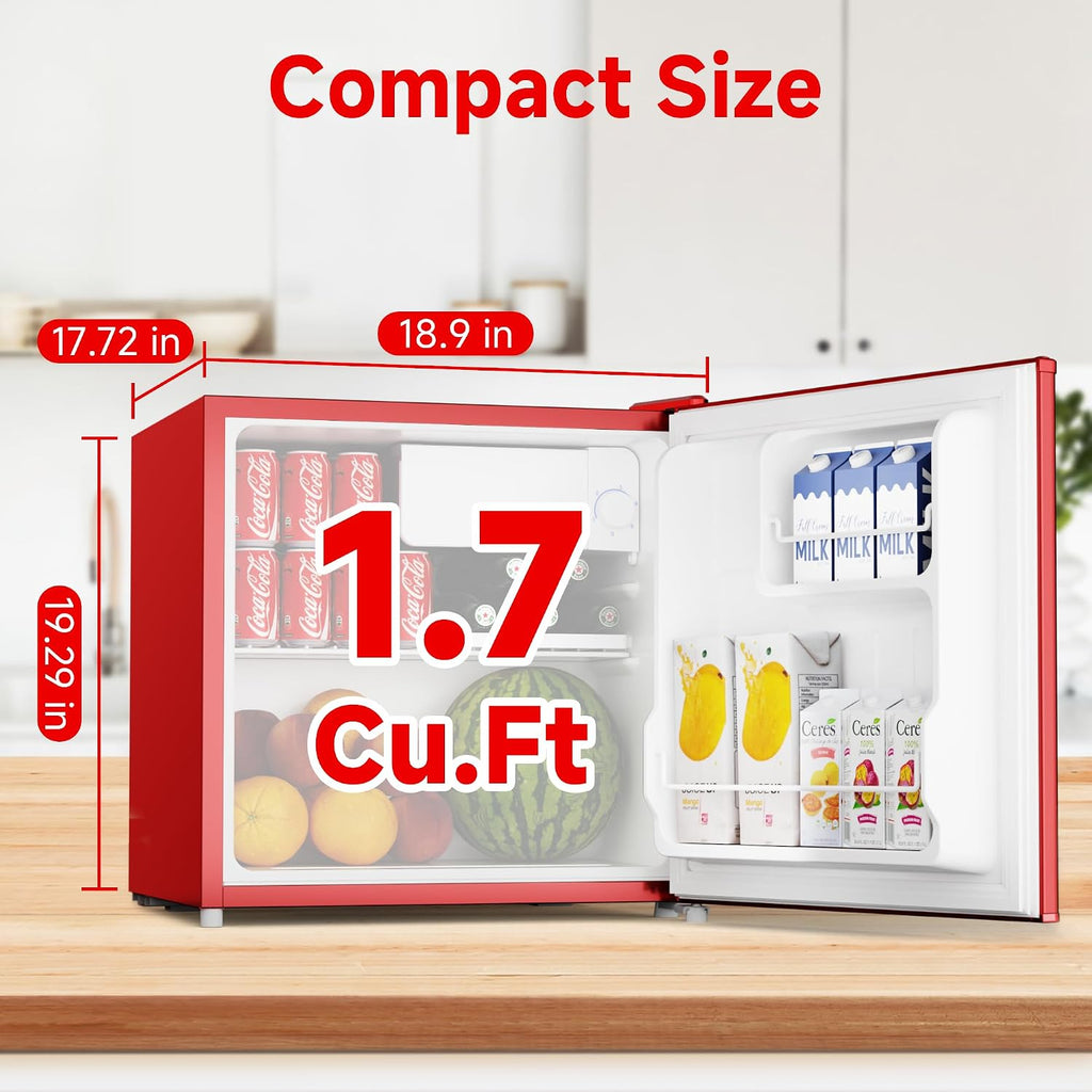 BANGSON 1.7 Cu.Ft Mini Fridge with Freezer for Dorm, Compact Refrigerator Office, Energy Saving Small Fridge Reversible Single Door, Low Noise for Bedroom Small Apartment, Red