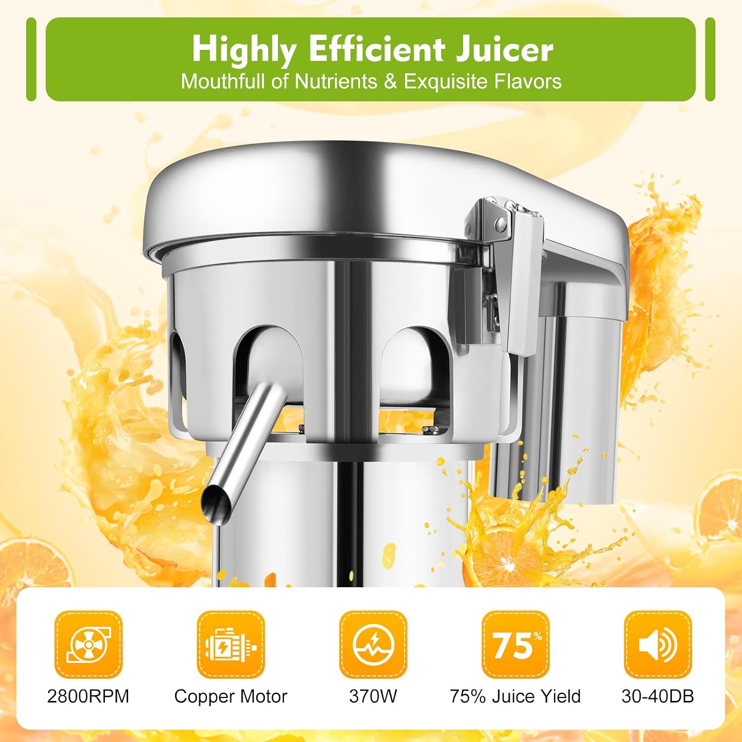 Automatic Pulp Separation Juicer, Stainless Steel Juice Extractor with 2800 RPM, 370W Electric Juicer with Deep Feed Chute and Low Noise Design for Family & Restaurant