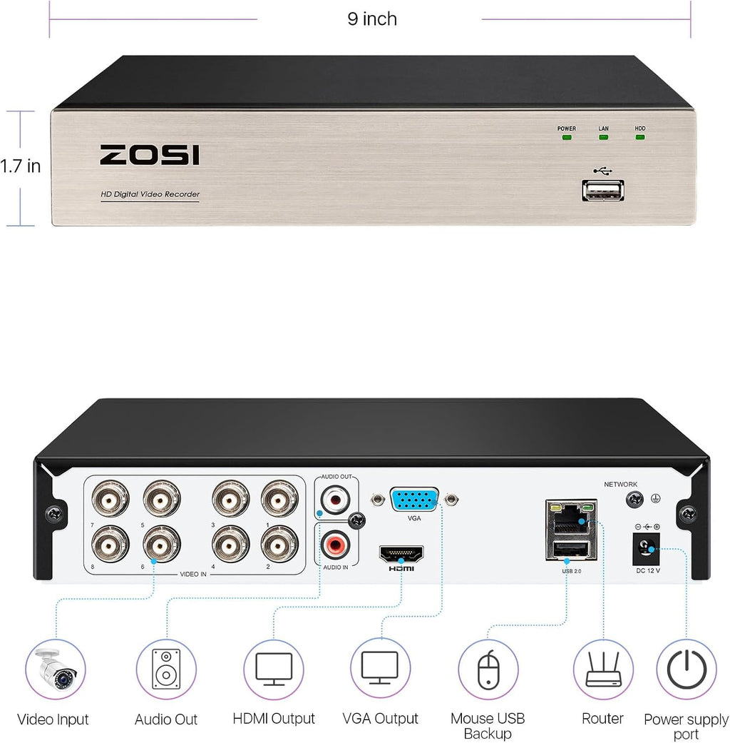 ZOSI 8CH 1080P Home Security DVR with 2TB HDD,AI Human/Vehicle Detection,Remote Access,Alert Push,H.265+ Hybrid 4-in-1 Wired Surveillance DVR for HD-TVI, CVI, CVBS, AHD 960H/720P/1080P CCTV Cameras