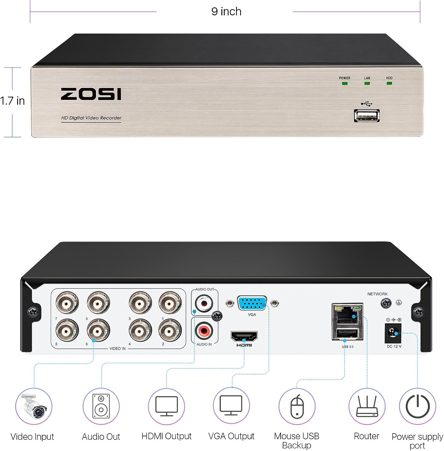 ZOSI 8CH 1080P Home Security DVR with 2TB HDD,AI Human/Vehicle Detection,Remote Access,Alert Push,H.265+ Hybrid 4-in-1 Wired Surveillance DVR for HD-TVI, CVI, CVBS, AHD 960H/720P/1080P CCTV Cameras
