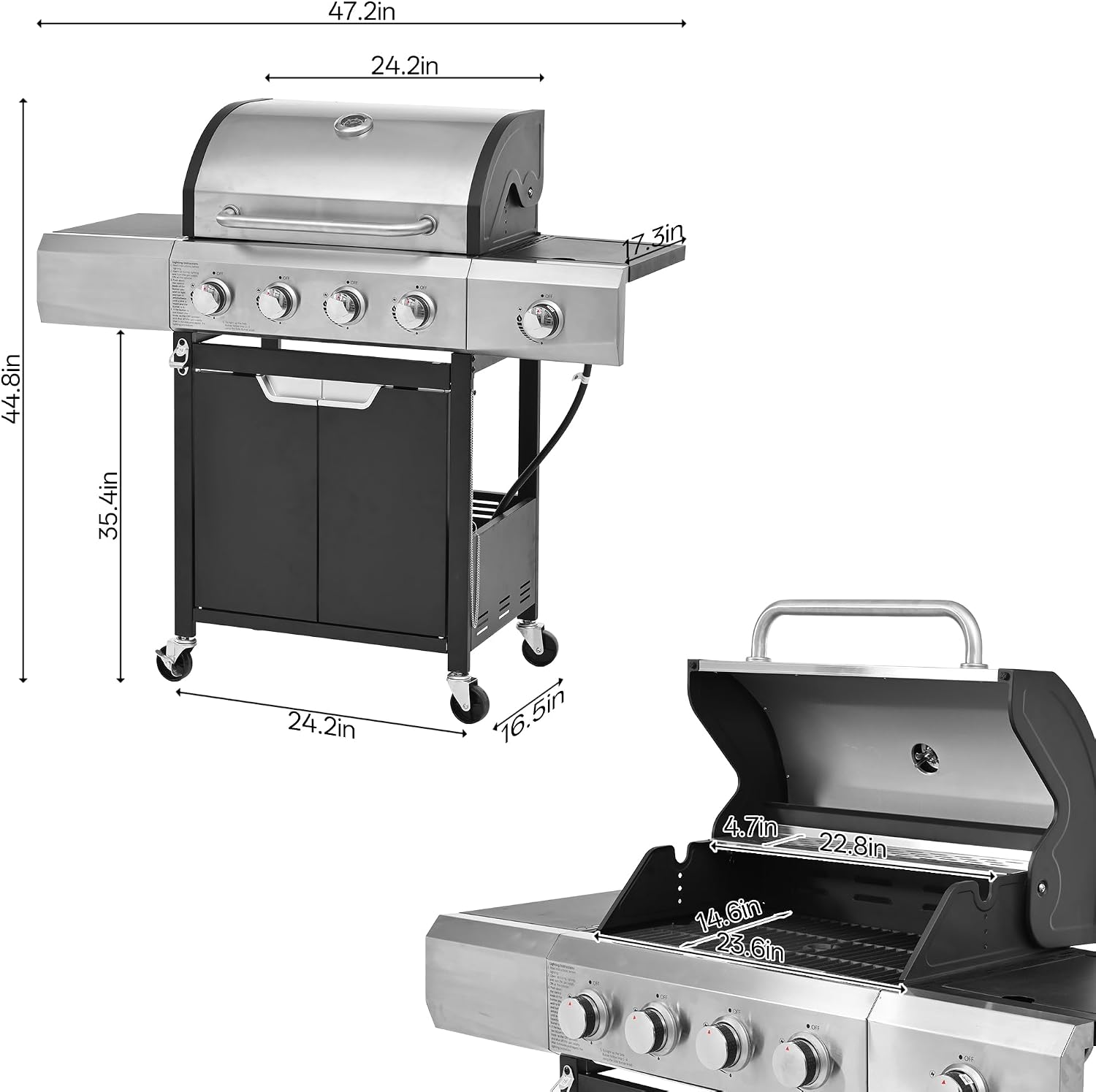 Endark 51000BTU|4-burner propane gas grill | Stainless steel construction | Dual side racks and wheels | Designed for patio, garden, and backyard cooking
