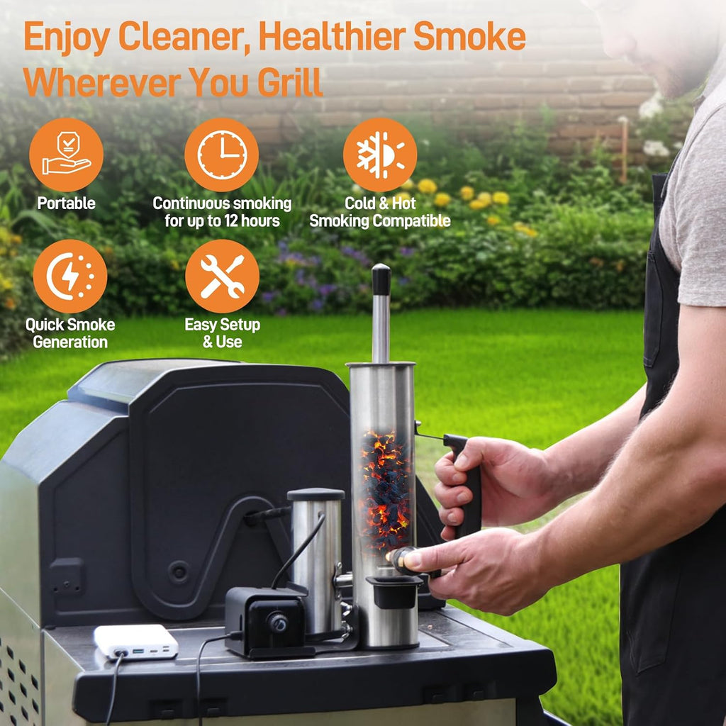 Portable Electric Smoke Generator, Adjustable Smoke Control, Fits 99% Pellet Smokers & Grills, Cold/Hot Smoking Modes for Meats/Salmon/Cheeses, with BBQ Smoker Guide