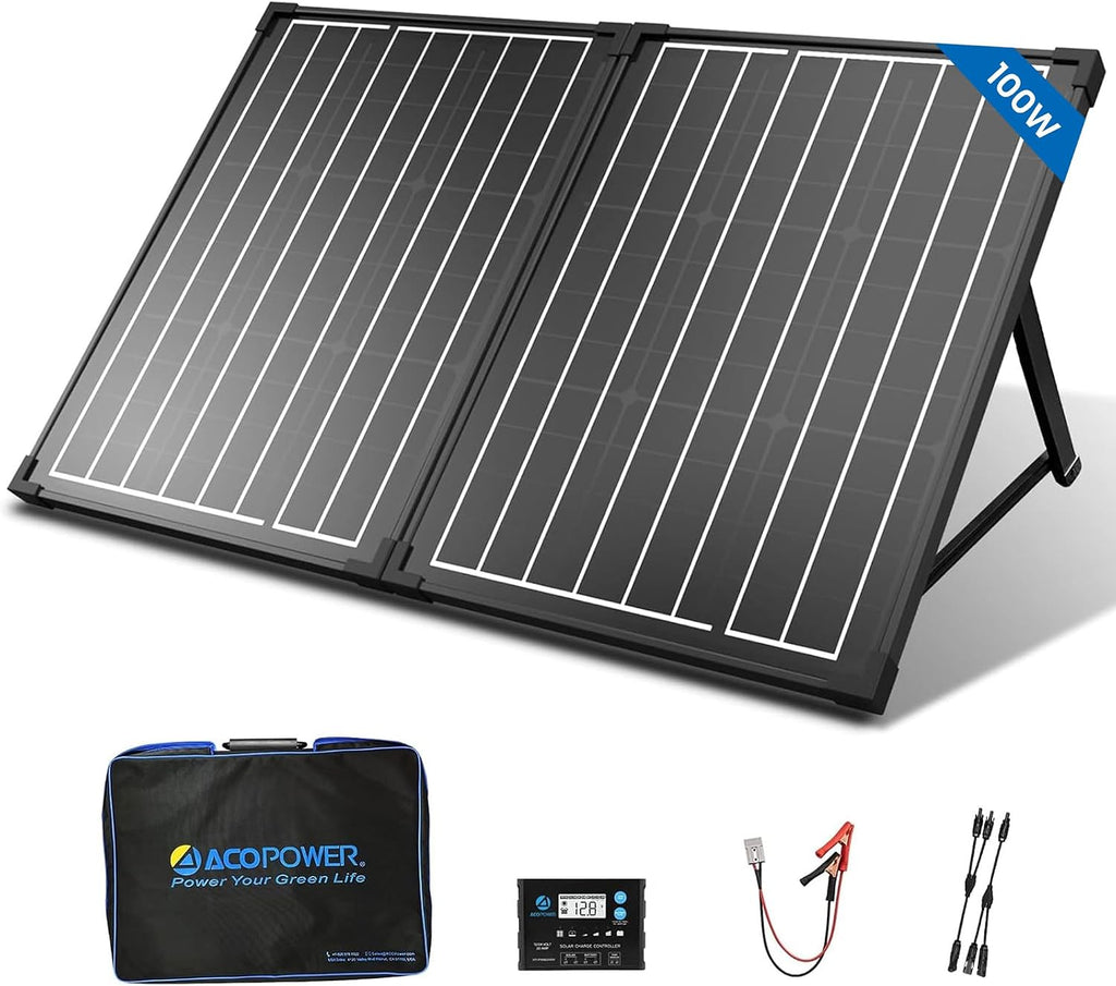 ACOPOWER 100Watt 12 Volt Portable Solar Panel with Waterproof 20A Charger Controller Foldable Solar Panel Kit Monocrystalline for Camping, RV, Black