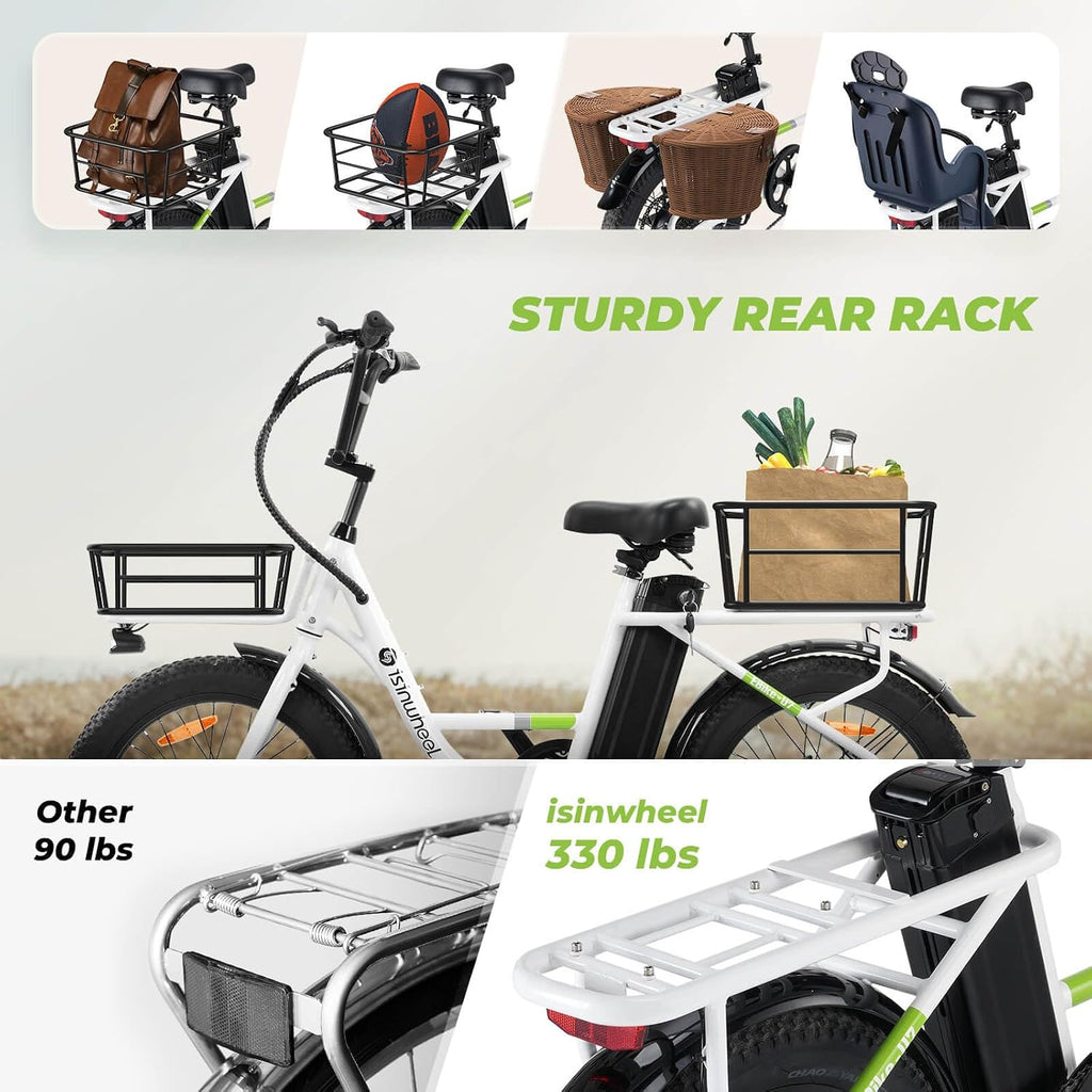 isinwheel U7 E Bike for Adults Electric Bike with Dual Cargo Rack, 48V 1000W Peak Ebikes for Adults, 7 Speed Gear, 20mph Step Thru Cruiser Electric Bicycles, 20' × 3' Fat Tire Ebike