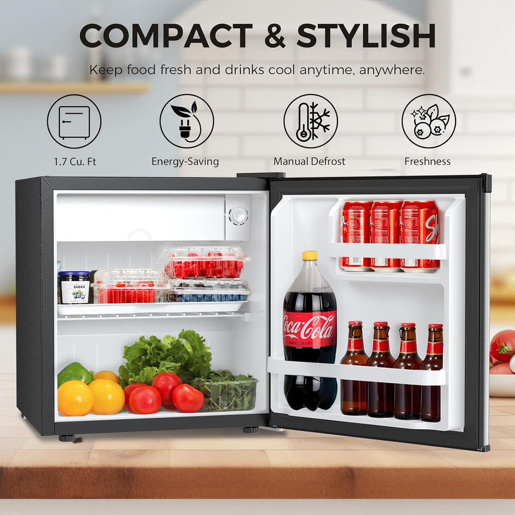 Antarctic Star 1.7 Cu.Ft Compact Refrigerator with Freezer,Adjustable Thermostat,Removable Glass Shelf,Single Reversible Door Mini Fridge for Bedroom,Office,Dorm,Silver