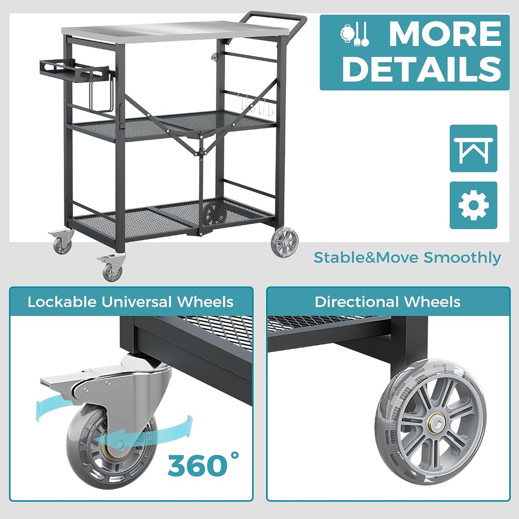 Ciokea Folding Outdoor Grill Cart with Wheels, 3-Shelf Grill Table with 27x18 in Stainless Steel Top, Rolling Pizza Oven Stand, Metal Portable Cart for BBQ Patio Camping (Black)
