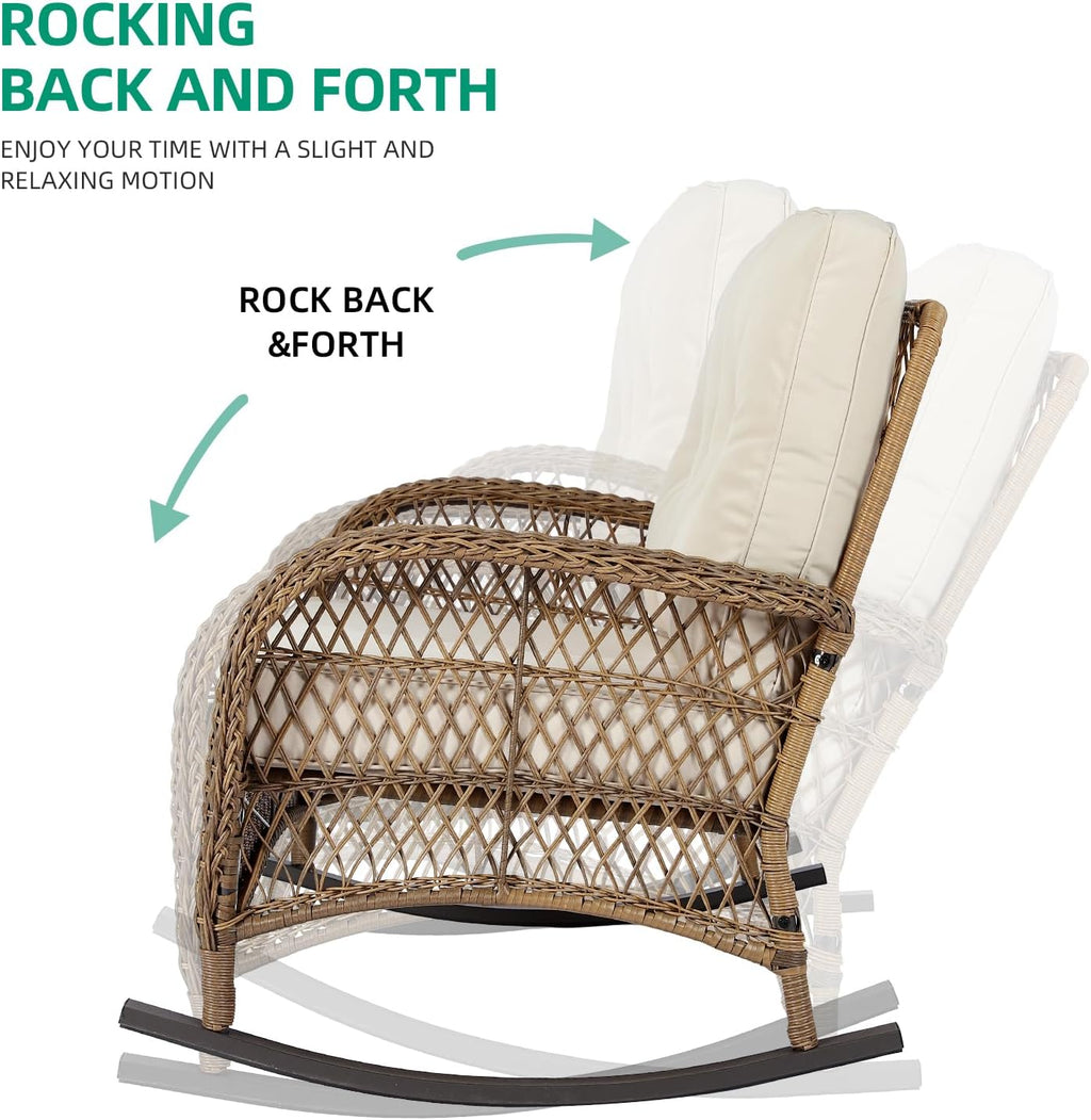 VIVIJASON Outdoor Wicker Loveseat Rocking Chair, 2-Person Patio Rattan Double Rocker Sofa with Thick Cushions, All-Weather Loveseat Rocker for Porch, Backyard & Garden