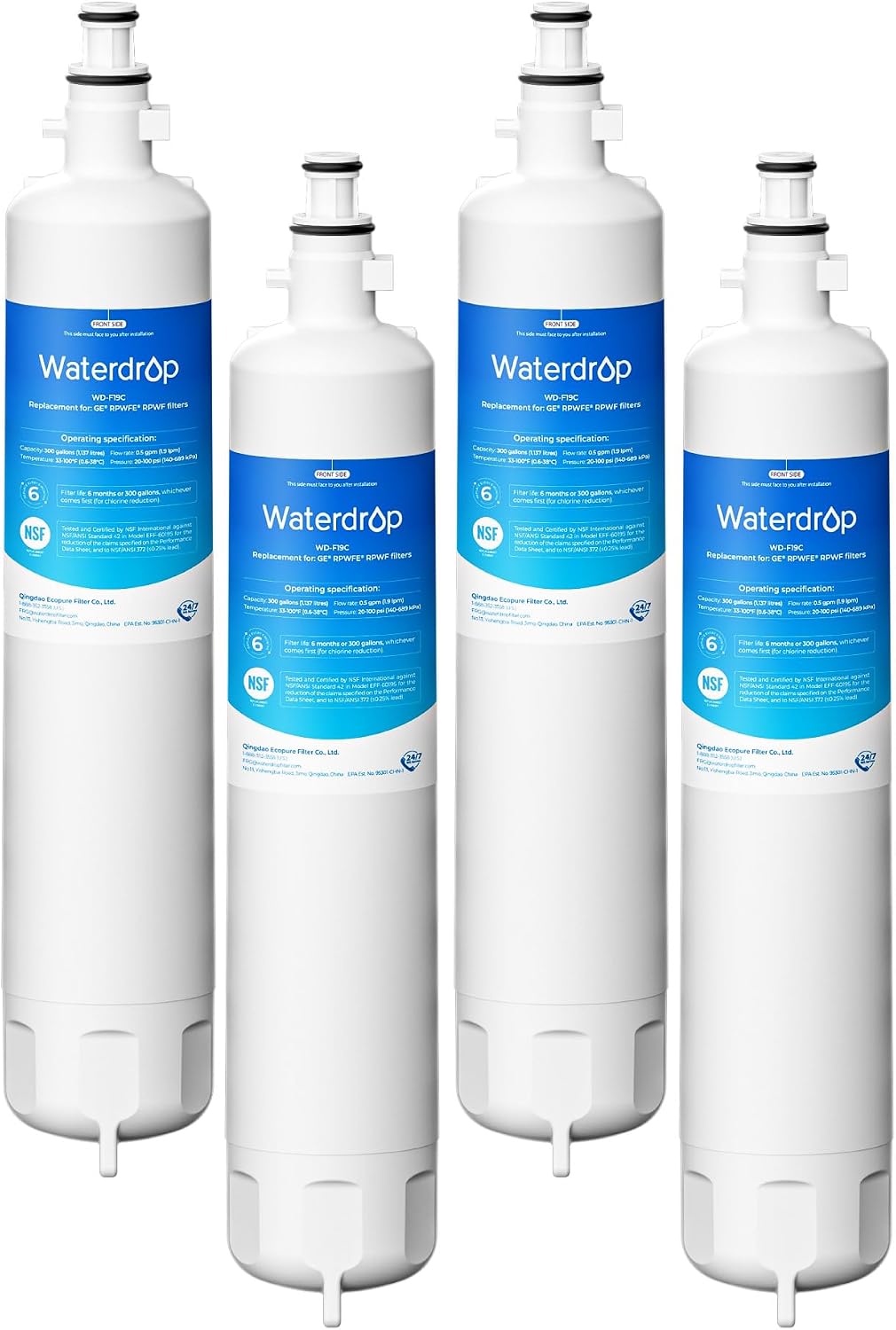 Waterdrop WD-F19C Replacement for GE® RPWFE®, RPWF (Built-in CHIP) Refrigerator Water Filter, Compatible with GFE28GYNFS, GFE28GELDS, PFE28KELDS, PFE28KYNFS, GFD28GELDS, PWE23KELDS, 4 Filters