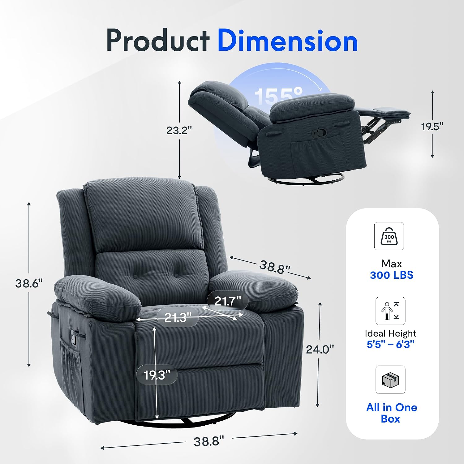 FLEXISPOT XRC2 360° Swivel Rocker Recliner for Adults, Rocking Glider Chair with Massage and Heat, Small Swivel Recliner for Living Room Bedroom Nursery, Blue Grey