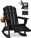 Adjustable Adirondack Rocking Chair with Retractable Ottoman, 4-in-1 Multifunctional Folding Patio Chair with Cup Holder, Outdoor Chair Wood Texture for Lawn, Porch, Backyard, Pool(Black)