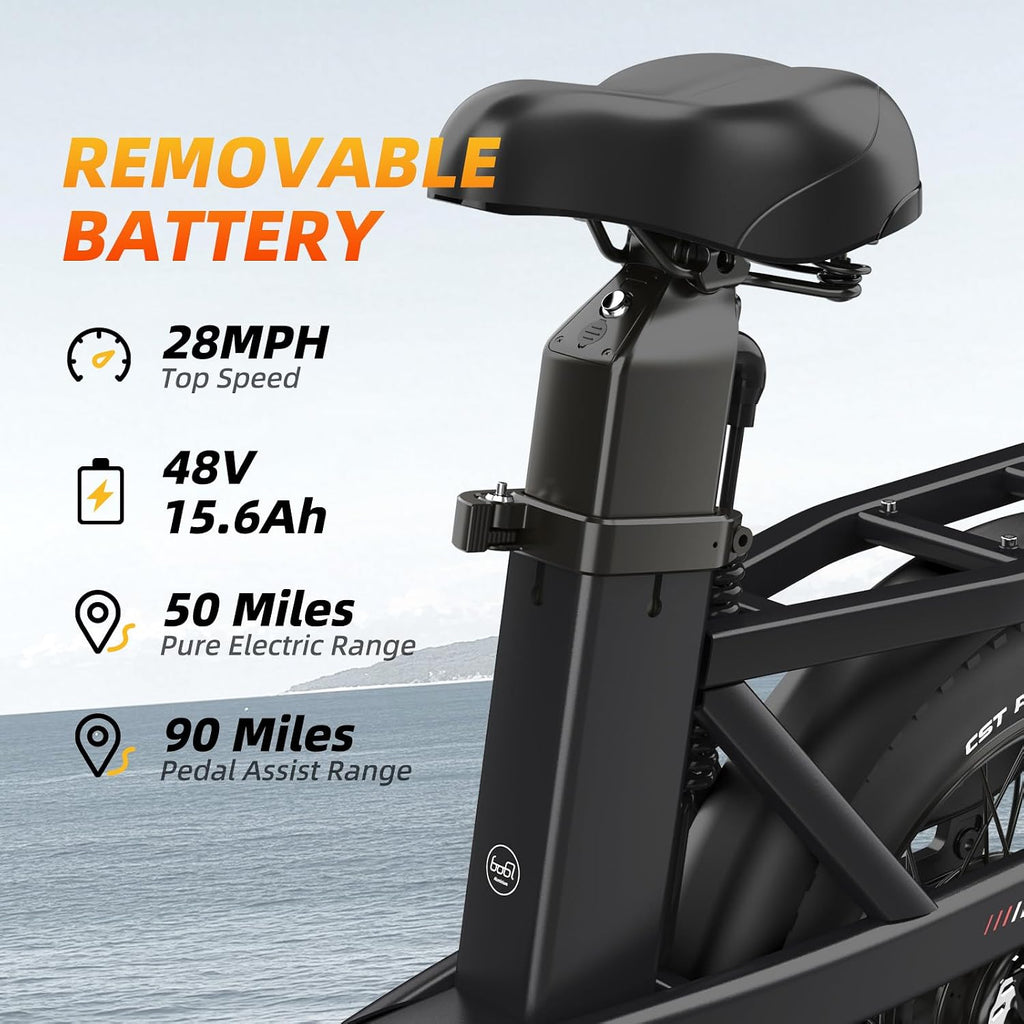 28 MPH Electric Bikes for Adults 20 x 3 inch Fat Tire Ebike with 90 Miles(PAS) Long Range 48V Removable Battery E-Bike 7 Speed Step Thru Electric Bicycle
