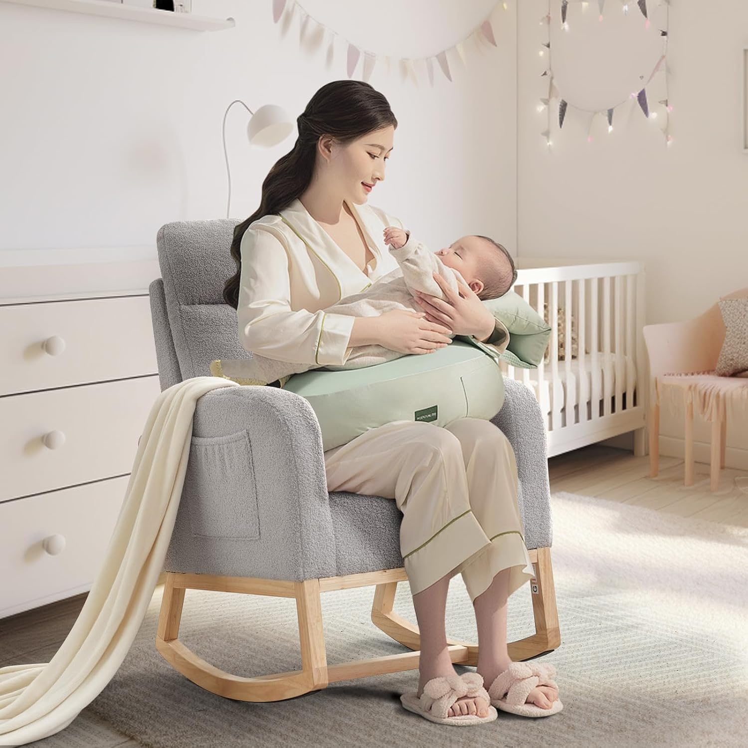 GAOMON Rocking Chair Glider for Nursery, Comfy Rocker Nursery with Side Pocket & High Backrest, Baby Rocking Chair for Breastfeeding, Upholstered Rocker & Living Room, Light Gray