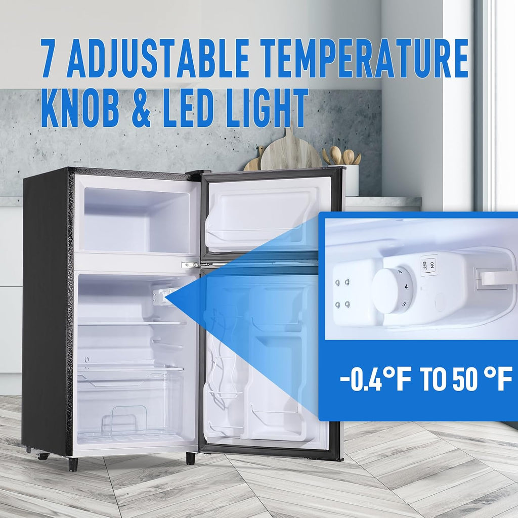 WANAI Mini Fridge with Freezer, 3.5 cubic feet 2- Doors Small Refrigerator Features 7 Gear Mechanical Control, Side Bottle Rack, Ideal for Dorm, Kitchen, Apartment, Office, Silver