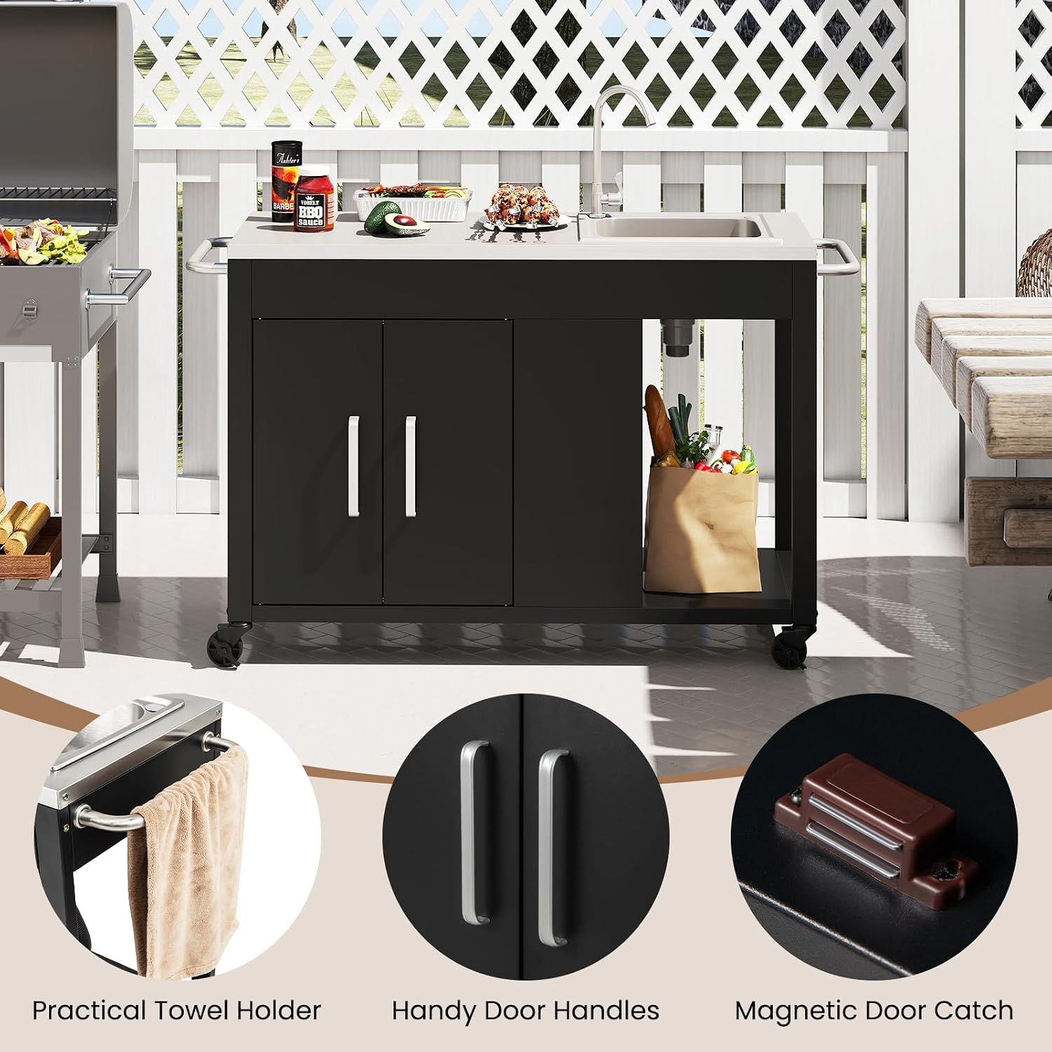 Happygrill 56' Outdoor Grill Table with Sink & Drainage, Heavy Duty Metal Grill Cart with Stainless Steel Top & Storage Cabinet, Outdoor Prep Table with Handles & Wheels for Patio, Garden & Backyard