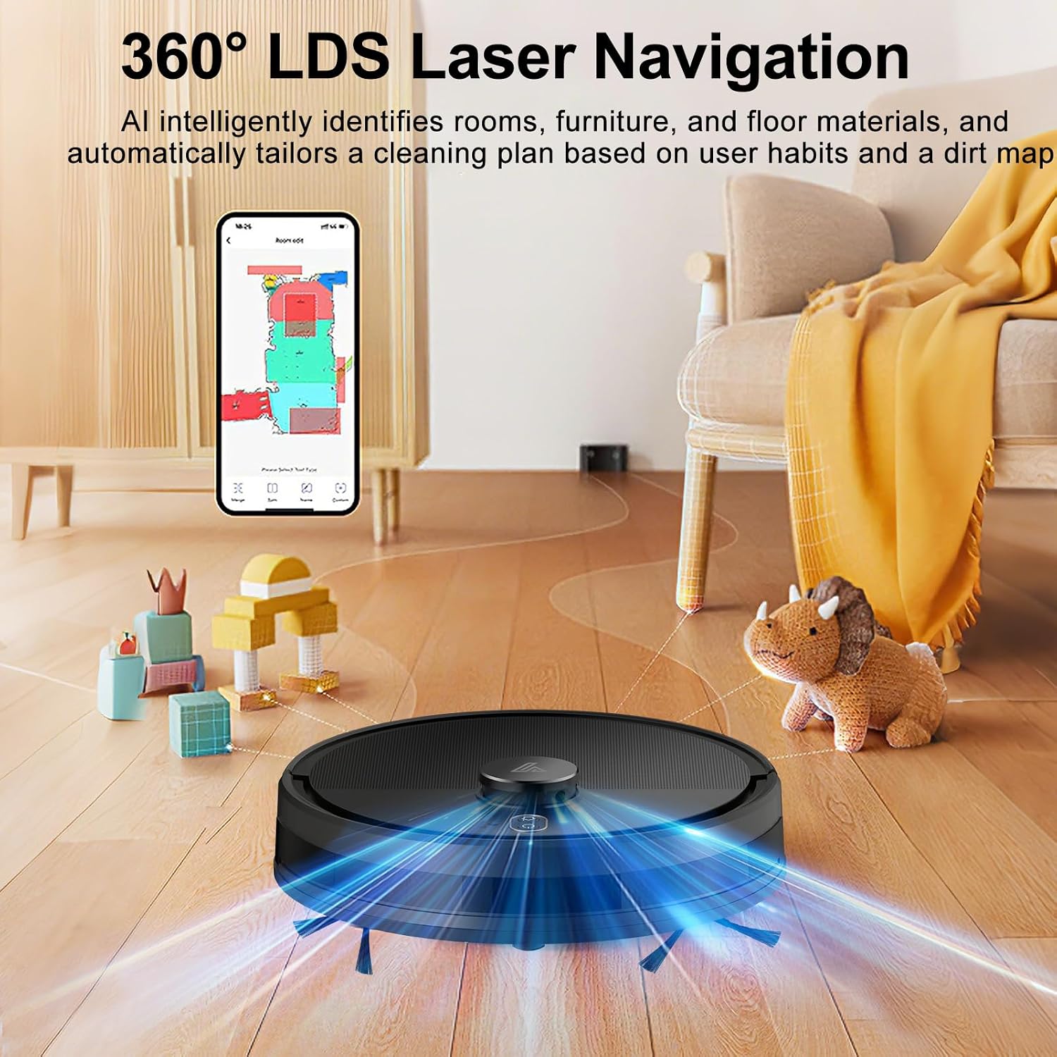 Robot Vacuum and Mop Combo, Robotic Vacuums with LiDAR Navigation, Smart Mapping, Strong Suction, with WiFi/App/Alexa/Voice Control, Obstacle Avoidance, for Home, Wood/Hard Floors, Pet Hair