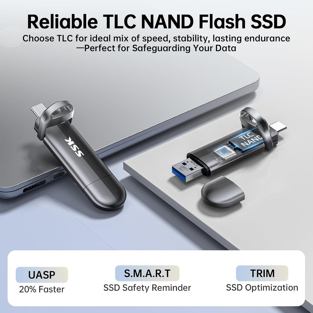 SSK USB Flash Drive 2TB SSD External, TLC NAND Solid State Drive Dual USBC & USBA Ports, Up to 1000MB/s High-Speed Portable 2TB USB Thumb Drive Stick for iPhone 15/16/17 Pro, Mac, Android, PC Backup