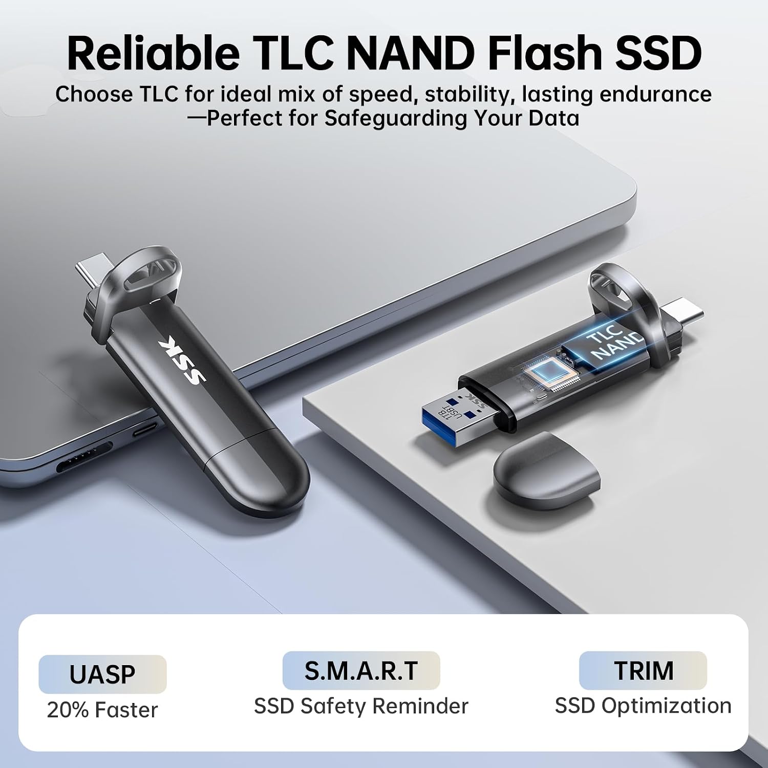 SSK USB Flash Drive 2TB SSD External, TLC NAND Solid State Drive Dual USBC & USBA Ports, Up to 1000MB/s High-Speed Portable 2TB USB Thumb Drive Stick for iPhone 15/16/17 Pro, Mac, Android, PC Backup