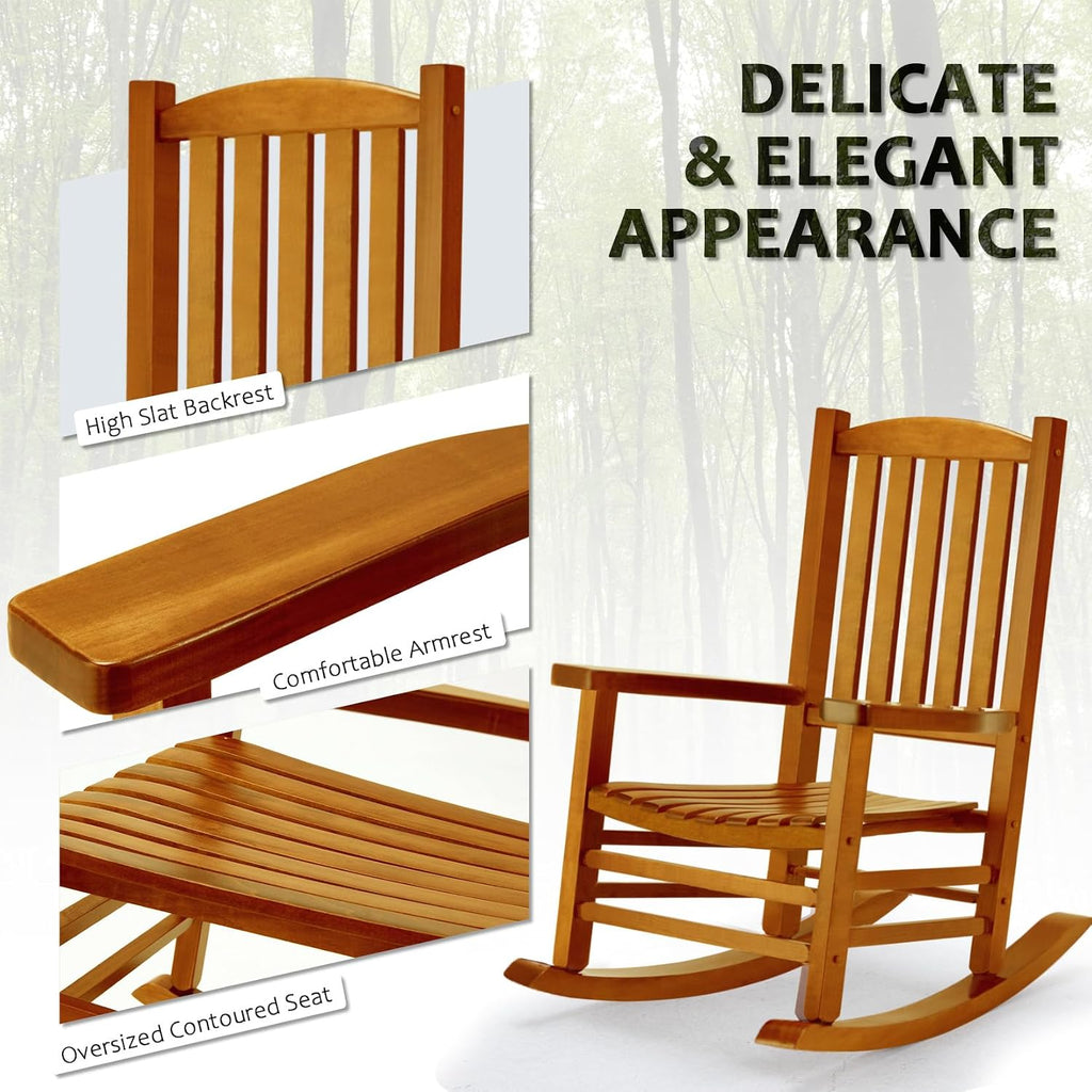 Hupmad Wooden Oversized Porch Rocker Chair with High Back and Armrest, All Weather Slatted Rocker for Backyard, Garden, 400 lbs Support, Natural