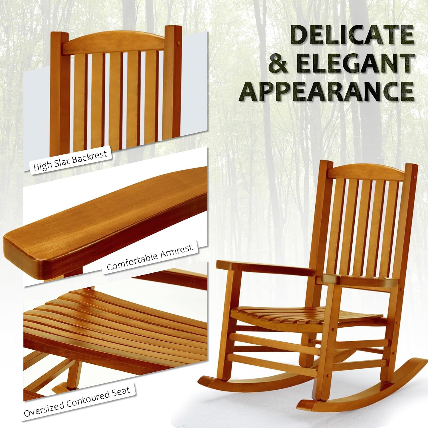 Hupmad Wooden Oversized Porch Rocker Chair with High Back and Armrest, All Weather Slatted Rocker for Backyard, Garden, 400 lbs Support, Natural