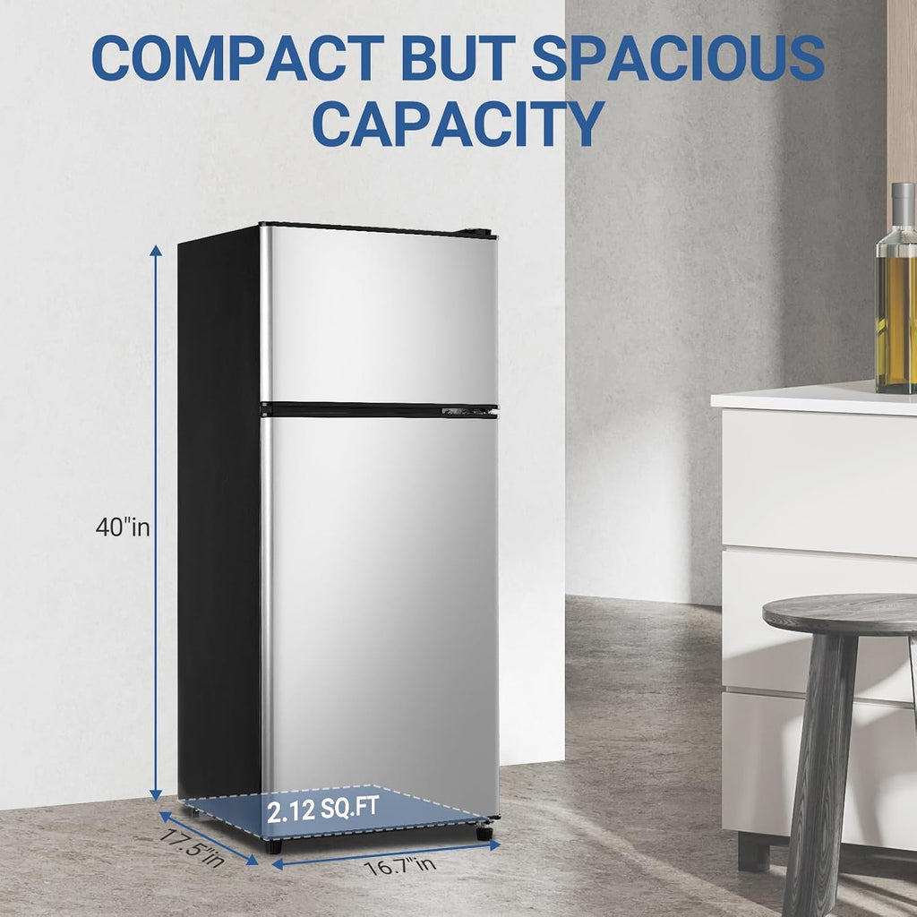 Dorm Fridge with Freezer, Small Refrigerator 3.5 Cu. Ft. with Freezer for Apartment, Temperature Adjustable Apartment Size Fridge for Kichen, College, RV, Office, Silver