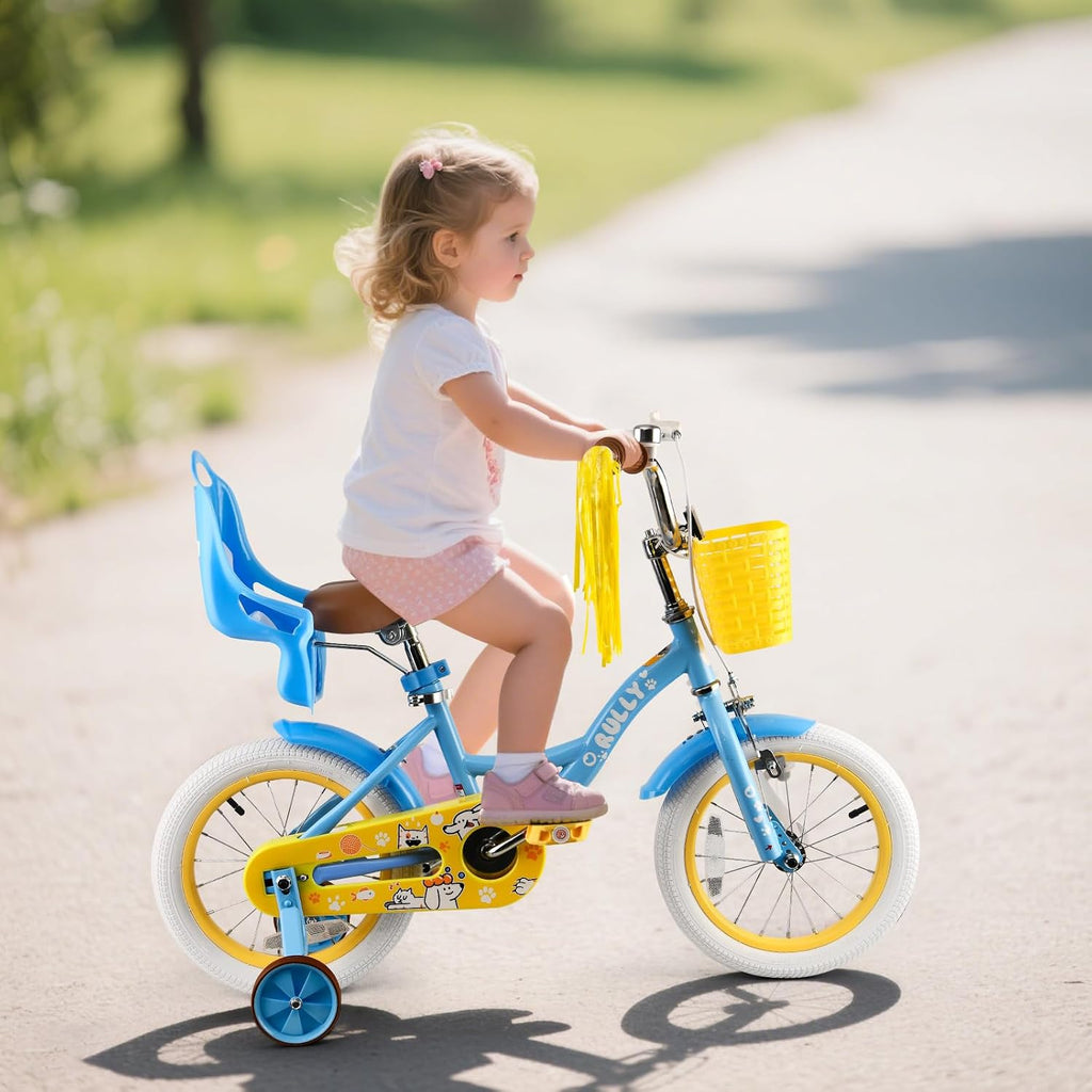 RULLY 12 14 16 Inch Girls Bike with Doll Seat Basket and Training Wheels for 2-6 Years Children