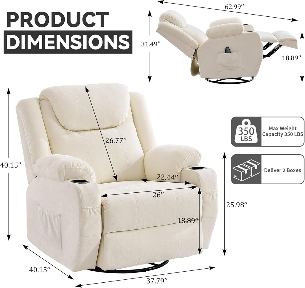 Korser Oversized Recliner Chair, 360° Swivel Recliner for Adults, Swivel Rocker Recliner Chair with Heat and Massage, Manual Recliner with Remote Control and Cup Holders for Living Room, Chenille