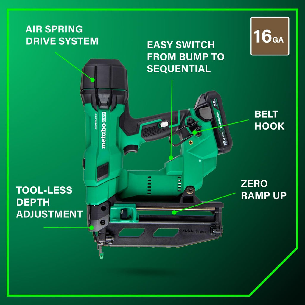 Metabo HPT 18V MultiVolt Brushless Pro 16-GA Straight Finish Nailer Kit, 16 Gauge Finish Nailer, Power Tool with 2.0Ah Lithium Ion Battery, 1' to 2-1/2' Nails, Powerful Brushless Motor, NT1865DSA