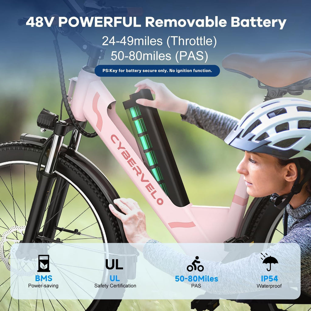 Cybervelo 750W Peak Electric Bike for Adults,up 80 Miles 25AH Removable Battery Ebike, 26' Electric E Bike with 7-Speed,Adult Electric Bicycles for Commute Beach Snow Man Womens All Terrain