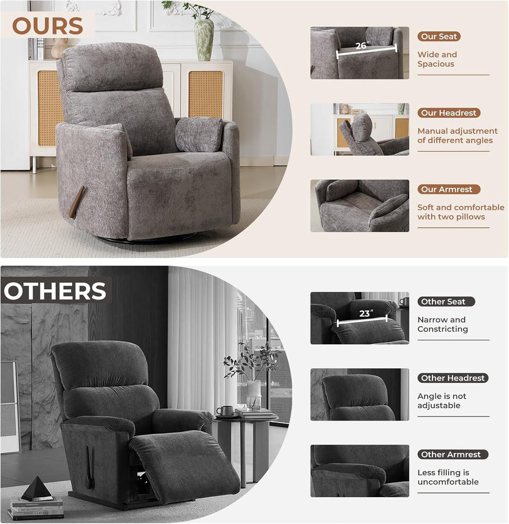 Oversized Swivel Rocker Recliner with Massage and Heat, Swivel Nursery Recliner With Adjustable Headrest, Manual Rocker Recliner Chair with Two Removable Pillows, Rocking Nursery Chair, Dark Grey