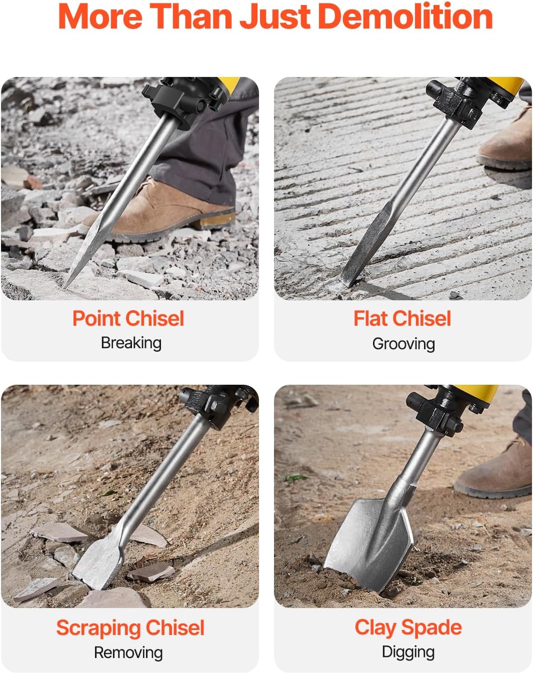 VEVOR Demolition Jack Hammer, 2200W 1350 BPM Jack Hammer Concrete Breaker, Heavy Duty Electric Jack Hammer 4pcs Chisels Bit with Gloves, 360° Swiveling Front Handle for Trenching and Breaking Holes