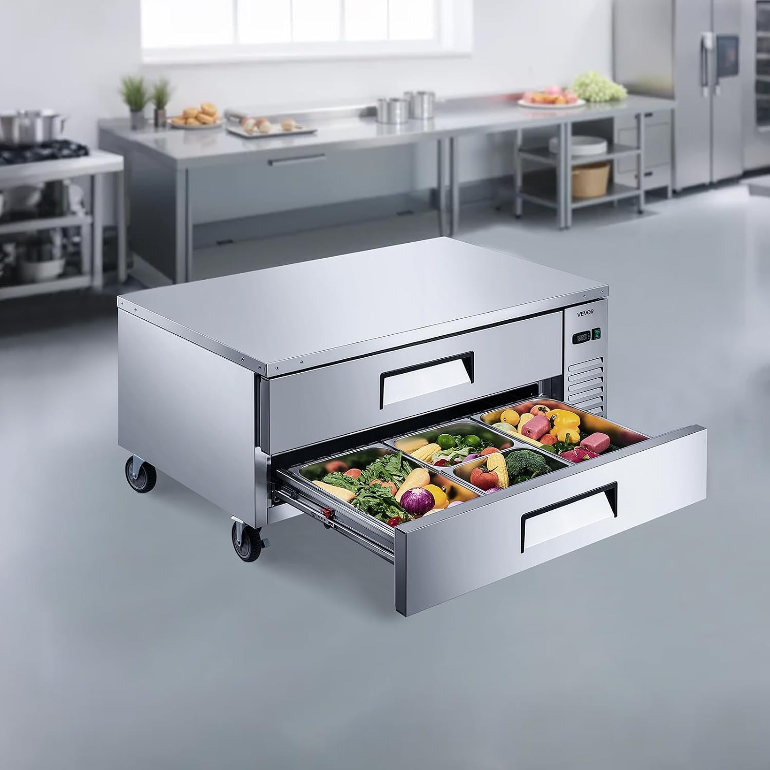 VEVOR Chef Base Refrigerator, 52' W Commercial Chef Bases Worktop Refrigerators, 2-Drawer Under Counter Fridge with 8 Pans Stainless Steel, Heavy-Duty Refrigerated Base, Invisible Door Handle