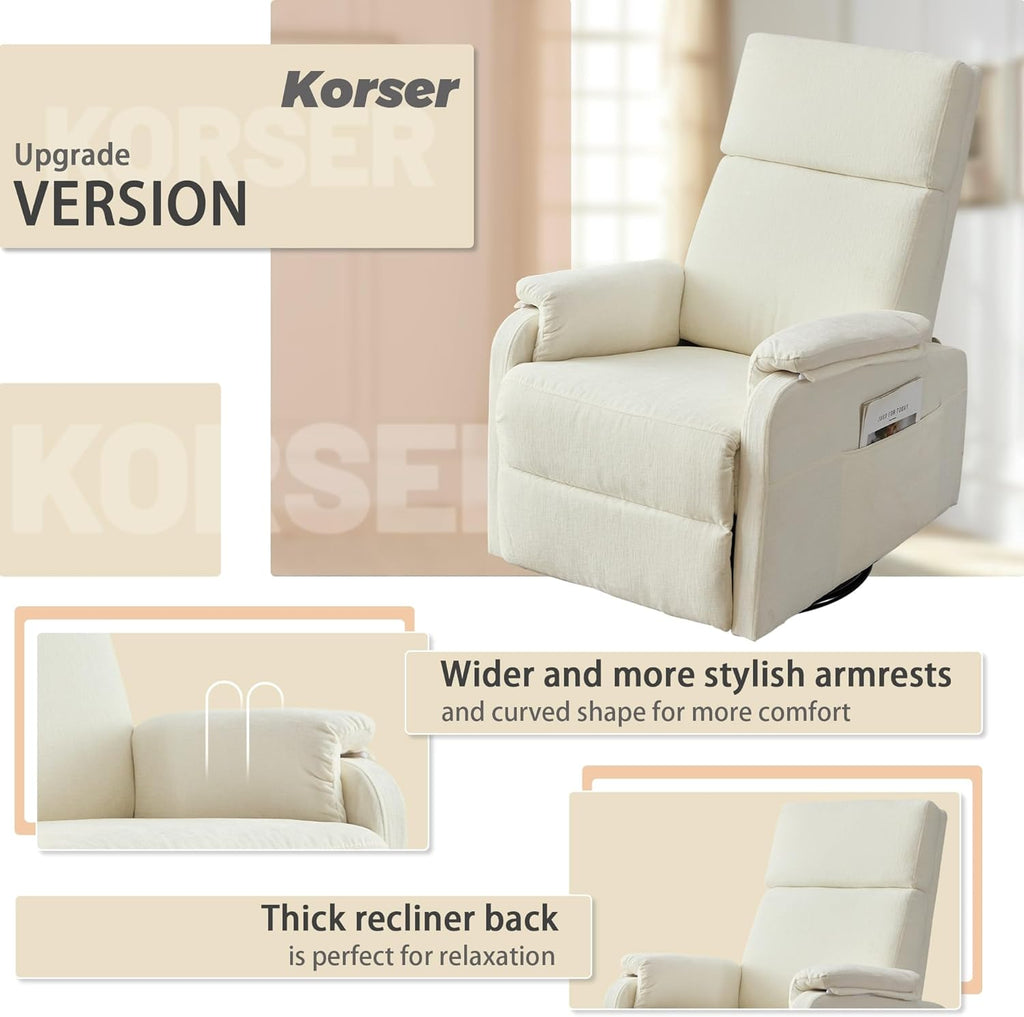 Korser Swivel Rocking Recliner with Massage, Small Glider Chair for Nursery, Modern-Designed Armrests Chair for Adults Living Room, Chenille, Beige