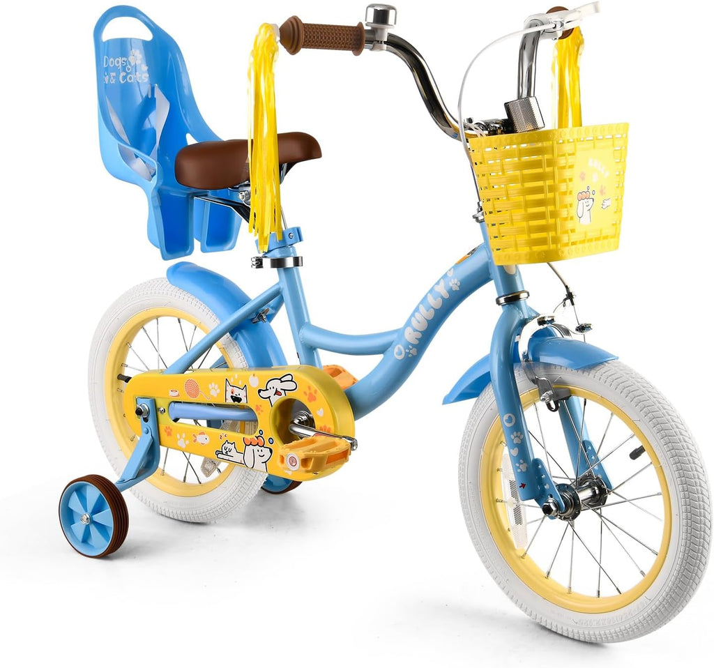 RULLY 12 14 16 Inch Girls Bike with Doll Seat Basket and Training Wheels for 2-6 Years Children