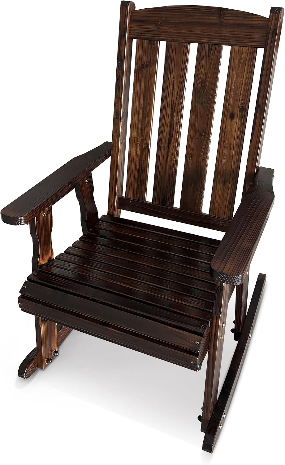 Fortune Candy Wooden Patio Rocking Chair with Comfortable Backrest Inclination, High Backrest and Deep Contoured Seat, Solid Fir Wood, Heavy Duty 600 LBS (Chocolate Tone, 1 Piece)