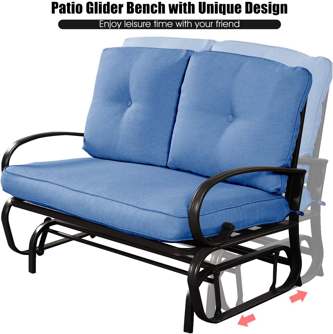 Giantex Outdoor Glider Bench, Patio 2 Person Loveseat with Removable Cushion, Padded Seat, Stable Steel Frame, Outside Glider Swing Chair for Deck, Poolside, Backyard, Balcony, Porch Glider(Navy)