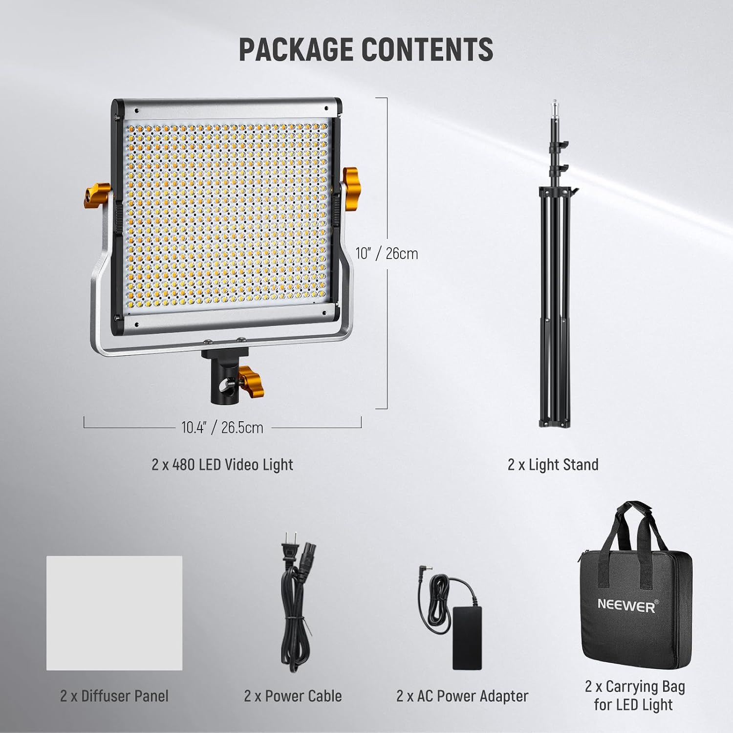 Neewer 2 Packs Dimmable Bi Color 480 LED Video Light Kit, 3200~5600K CRI 96+ LED Panel with U Bracket, 75 inches Tripod Light Stand for YouTube Recording Studio Photography Streaming Key Lighting