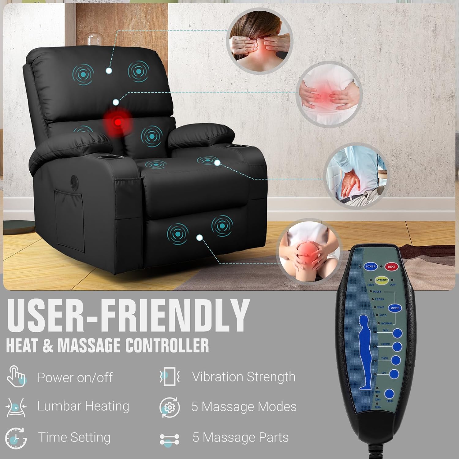 LAFWELL Rocking Recliner Chair, Massage Rocker Recliner Chair with Vibration Massage and Heat, USB and Type-C Ports,360° Swivel Faux Leather Chairs, Living Room, Bedroom, Nursery, RV, Black