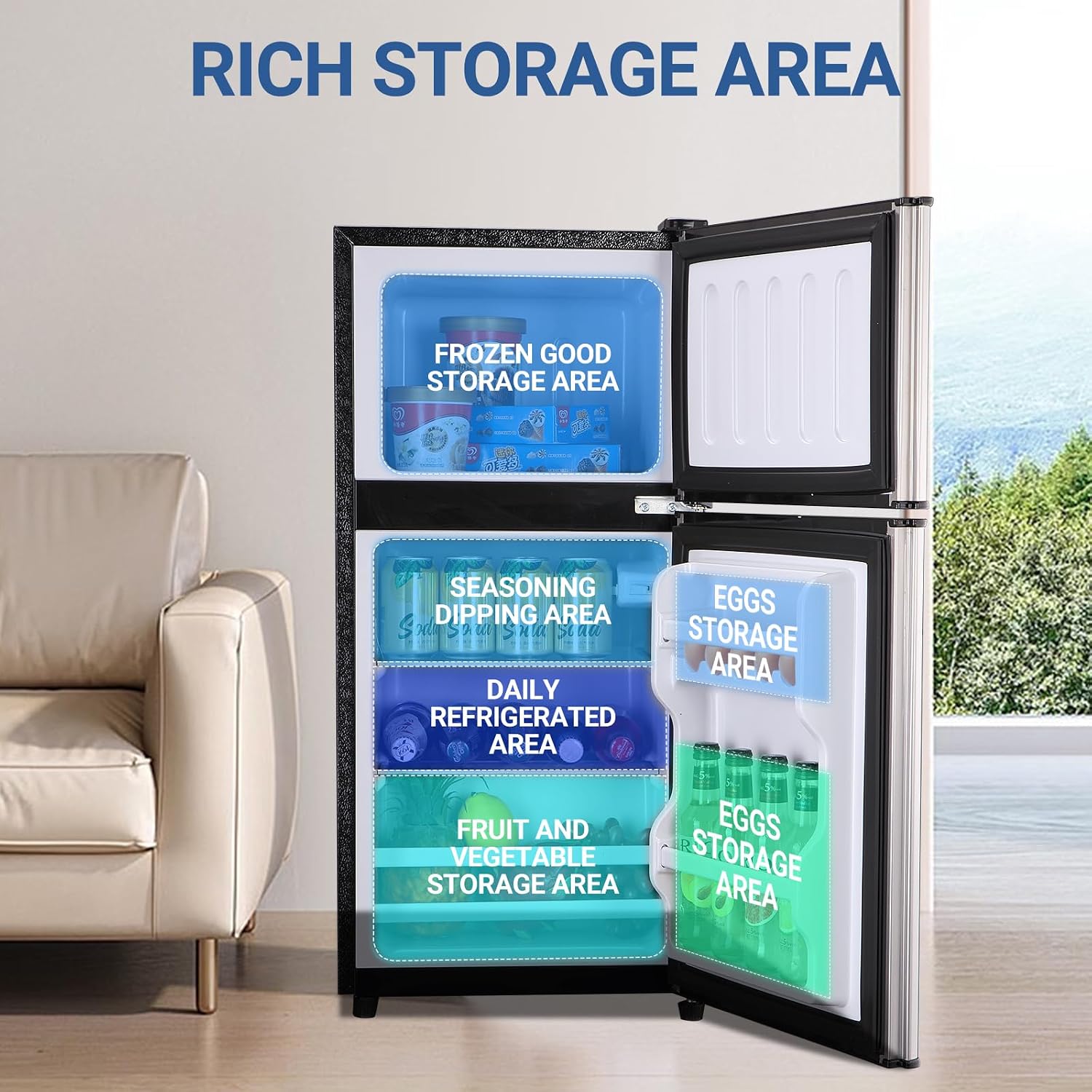 Mini Fridge with Freezer, 4.0 Cu. Ft. Double-Door Mini Refrigerator with 7-Level Adjustable Thermostat & Adjustable Glass Shelves, Compact Dorm Fridge 37 dB Low Noise for Bedroom, Apartment, Silver
