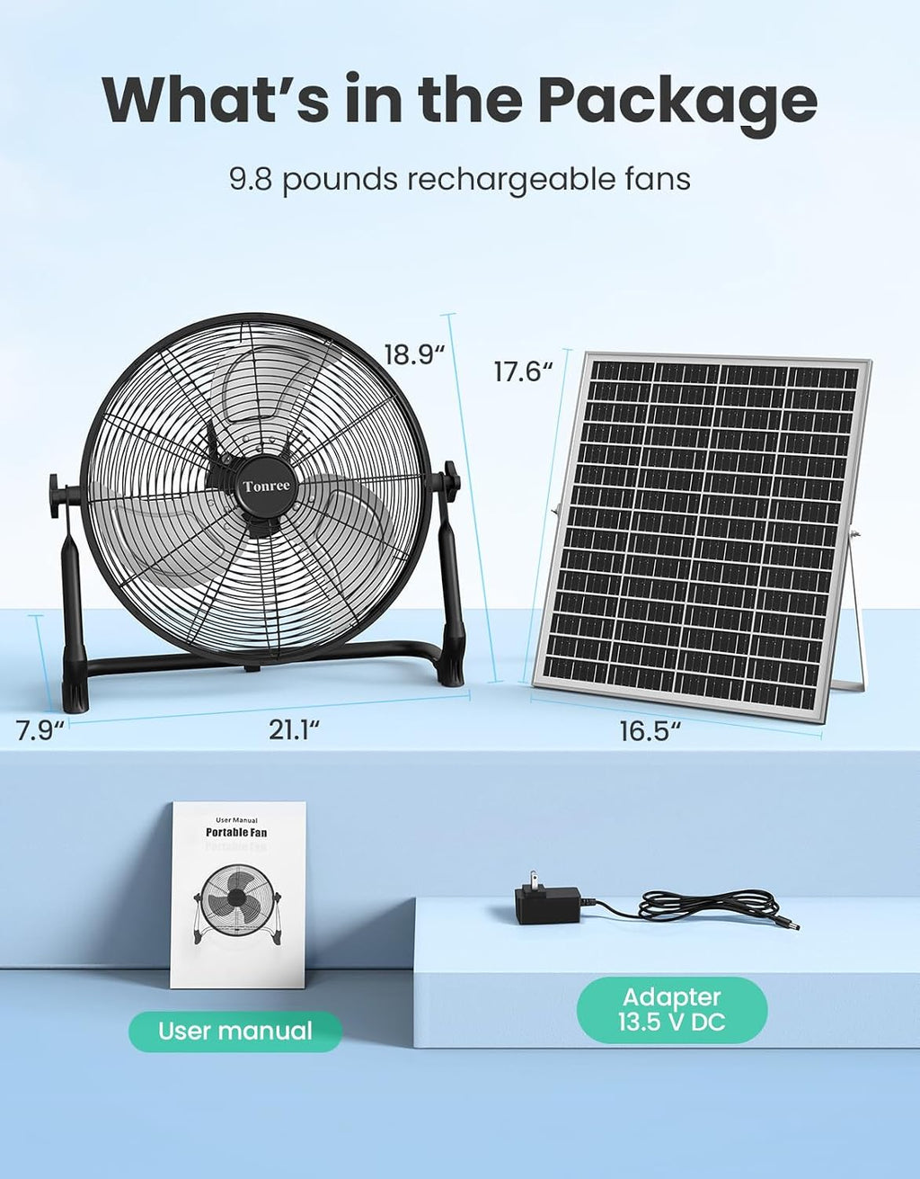 18' Portable Battery Operated Solar Fan, Rechargeable Floor Fan, Hi-Velocity Cordless Camping Fan, USB Phone Charge, 12-60H Runtime, Quiet, Wireless, For Travel Shed Outdoor Home Garage Tent Car Barn