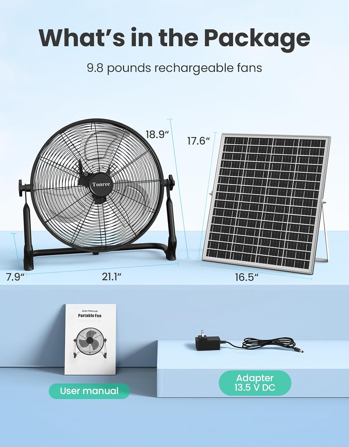 18' Portable Battery Operated Solar Fan, Rechargeable Floor Fan, Hi-Velocity Cordless Camping Fan, USB Phone Charge, 12-60H Runtime, Quiet, Wireless, For Travel Shed Outdoor Home Garage Tent Car Barn